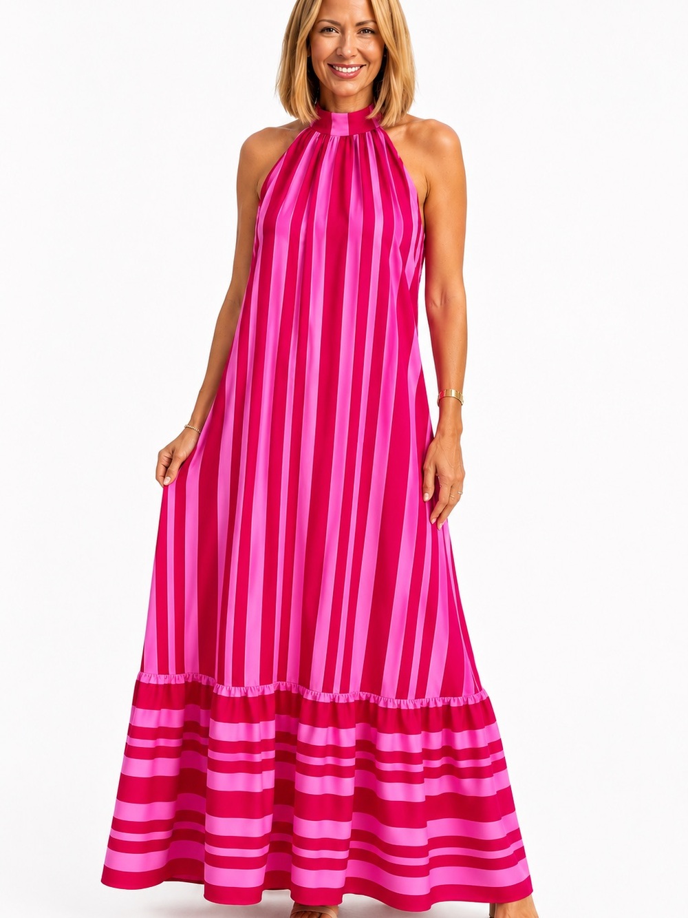 Vivid Eden Pink Stripe Halter Maxi Dress Open Back Vacation Boho Summer M
